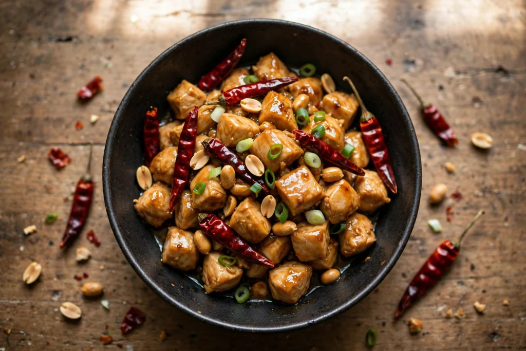 Overhead shot of kung pao chicken with peanuts, dried red chilies and scallions in a dark bowl