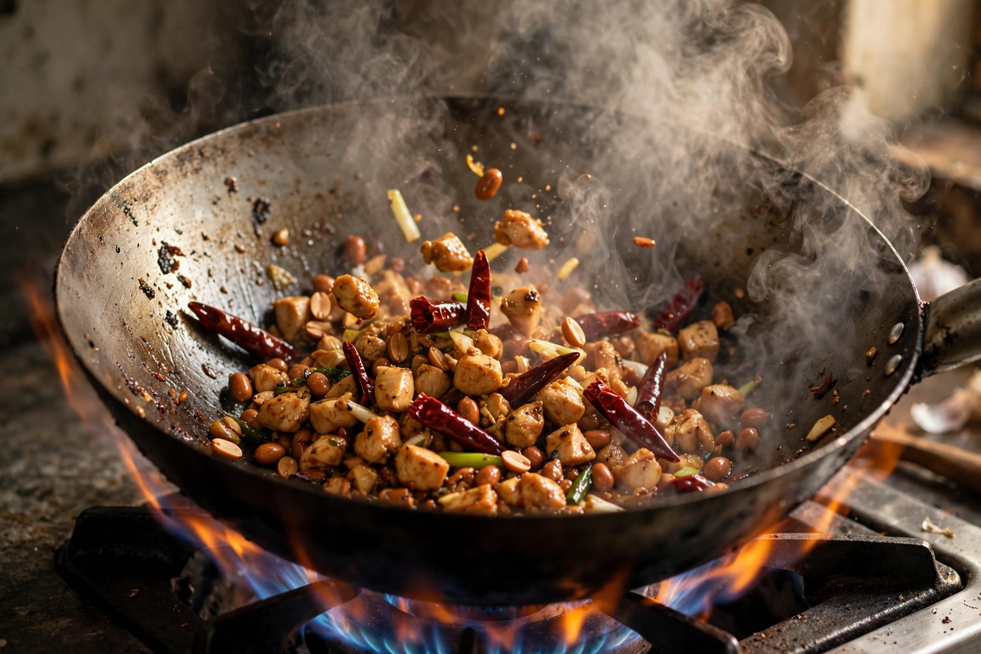 Chicken stir-frying in a wok with dried red chilies and peanuts, steam rising