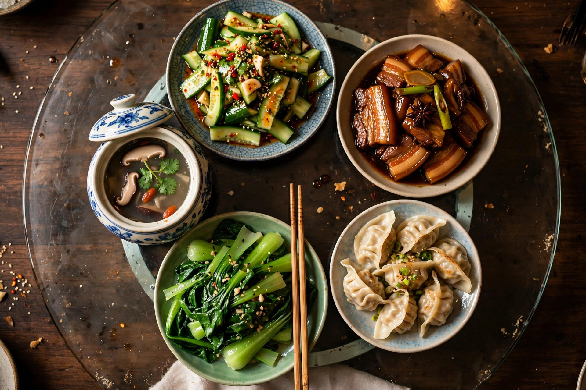 A round Chinese restaurant table with a lazy Susan loaded with shared dishes, diners reaching in with chopsticks