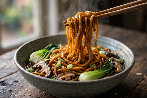 Chopsticks lifting glossy lo mein noodles from a bowl with bok choy, mushrooms and scallions