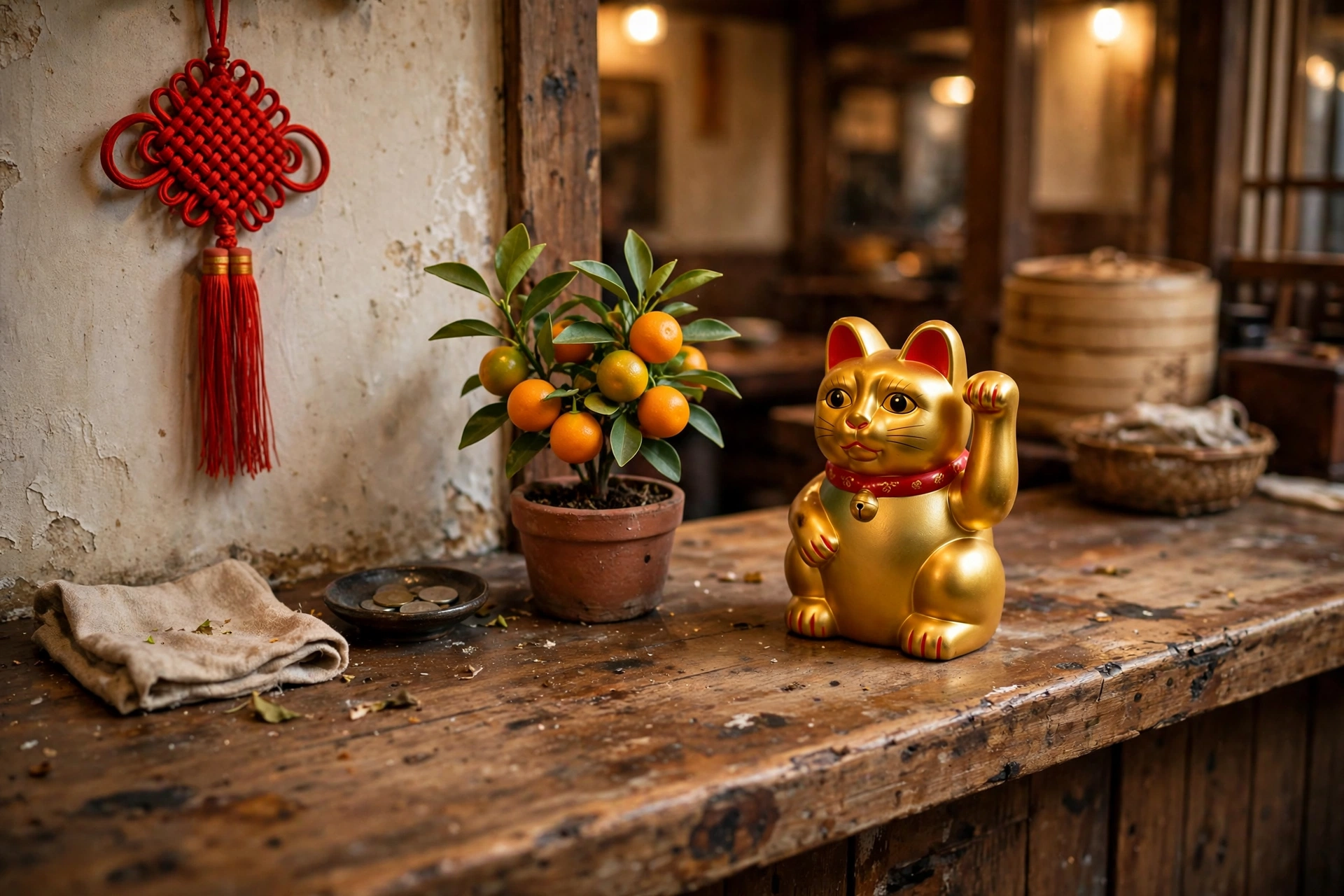 A golden beckoning cat figurine beside a potted kumquat plant on a Chinese restaurant counter