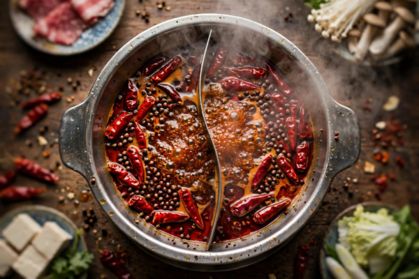 Bubbling Sichuan mala hot pot with dried chilies and Sichuan peppercorns
