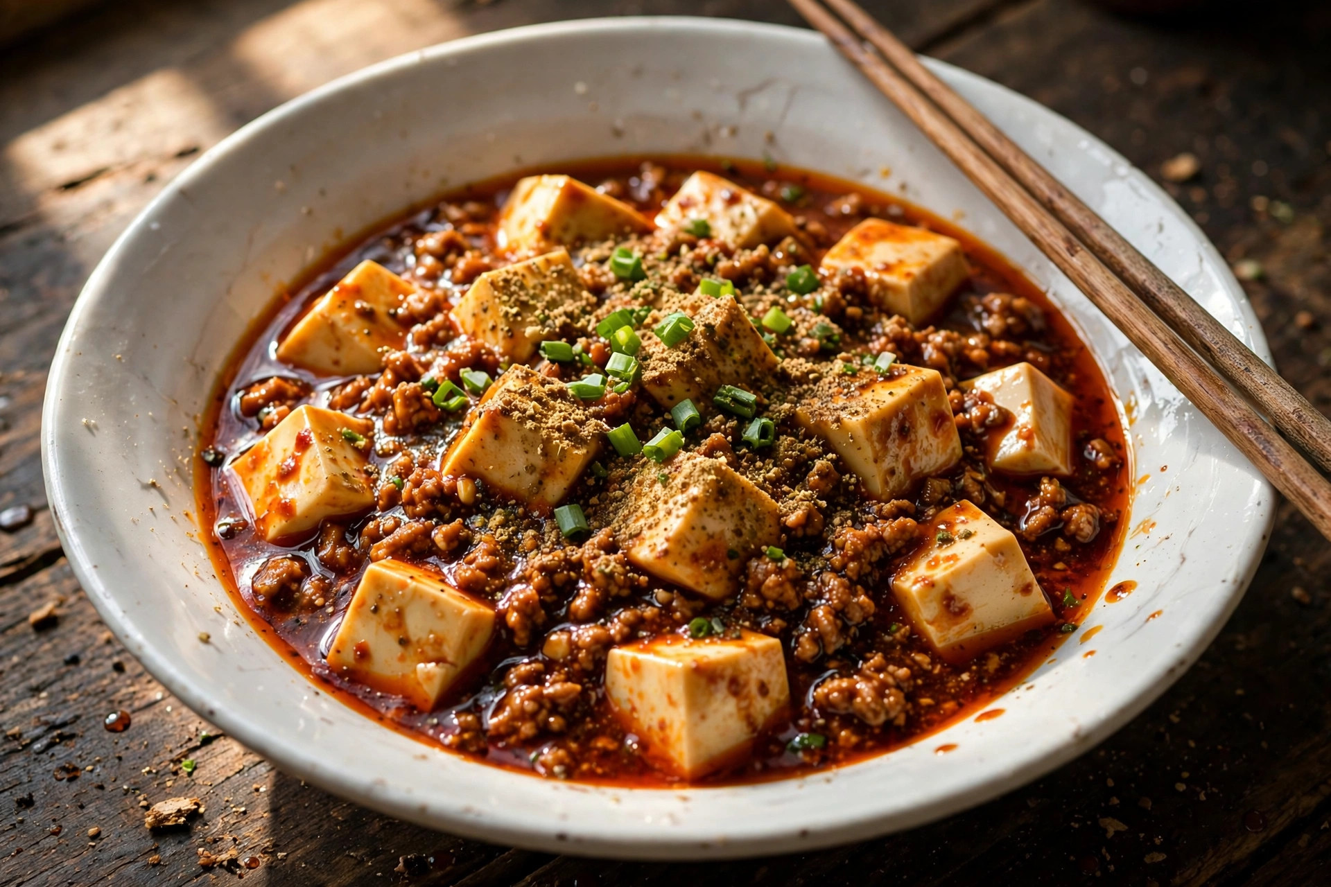 Mapo tofu in a bowl with chili oil and ground Sichuan pepper