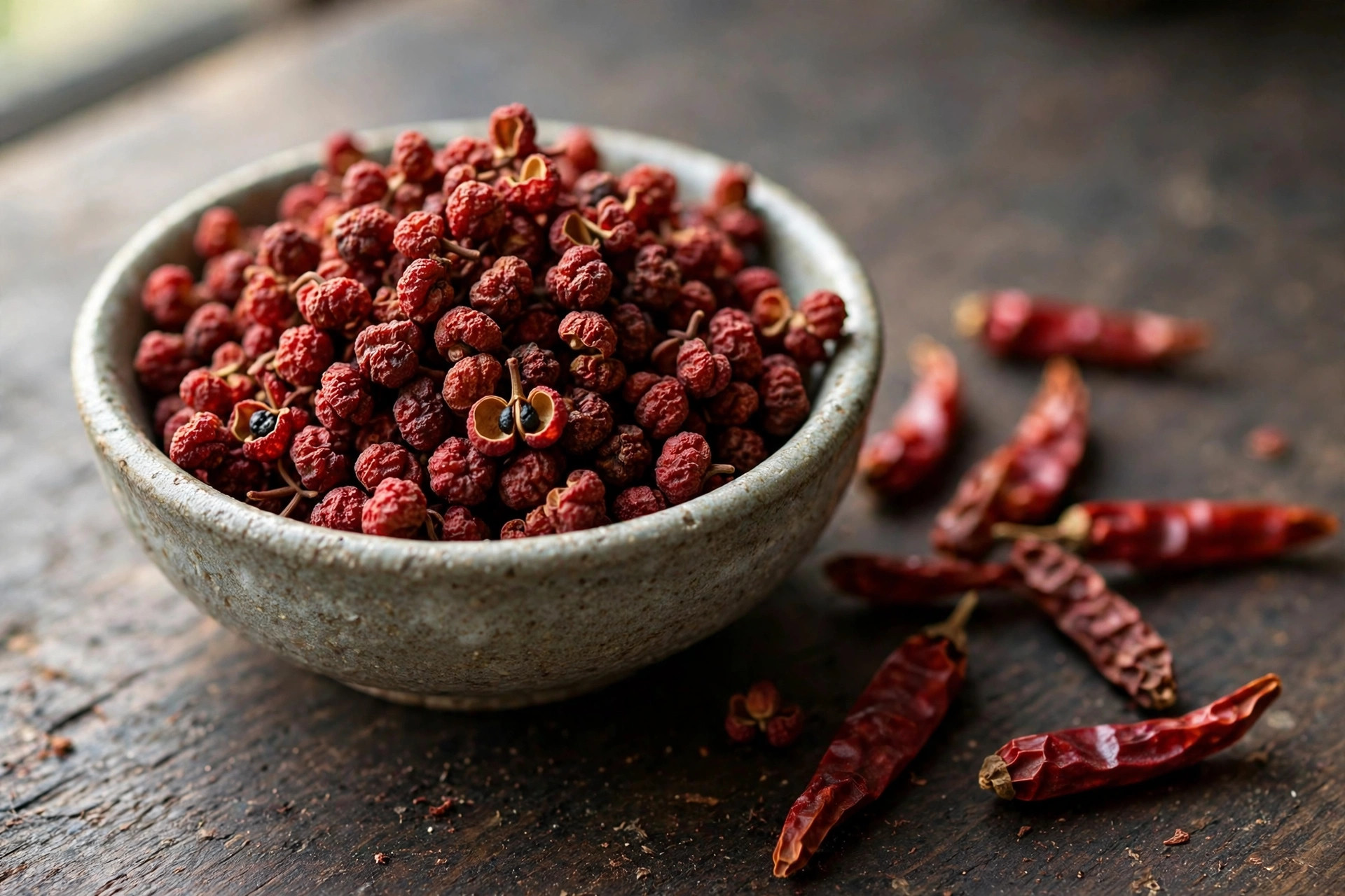 Dried red Sichuan peppercorns in a ceramic bowl with dried chilies