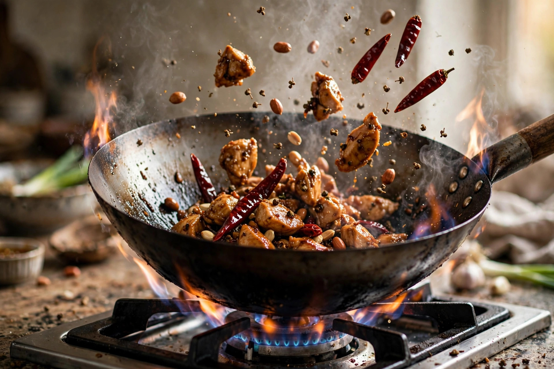 Chicken with dried chilies and Sichuan peppercorns being tossed in a wok
