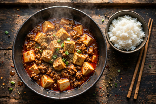 Overhead shot of mapo tofu in a dark bowl with rice and chopsticks