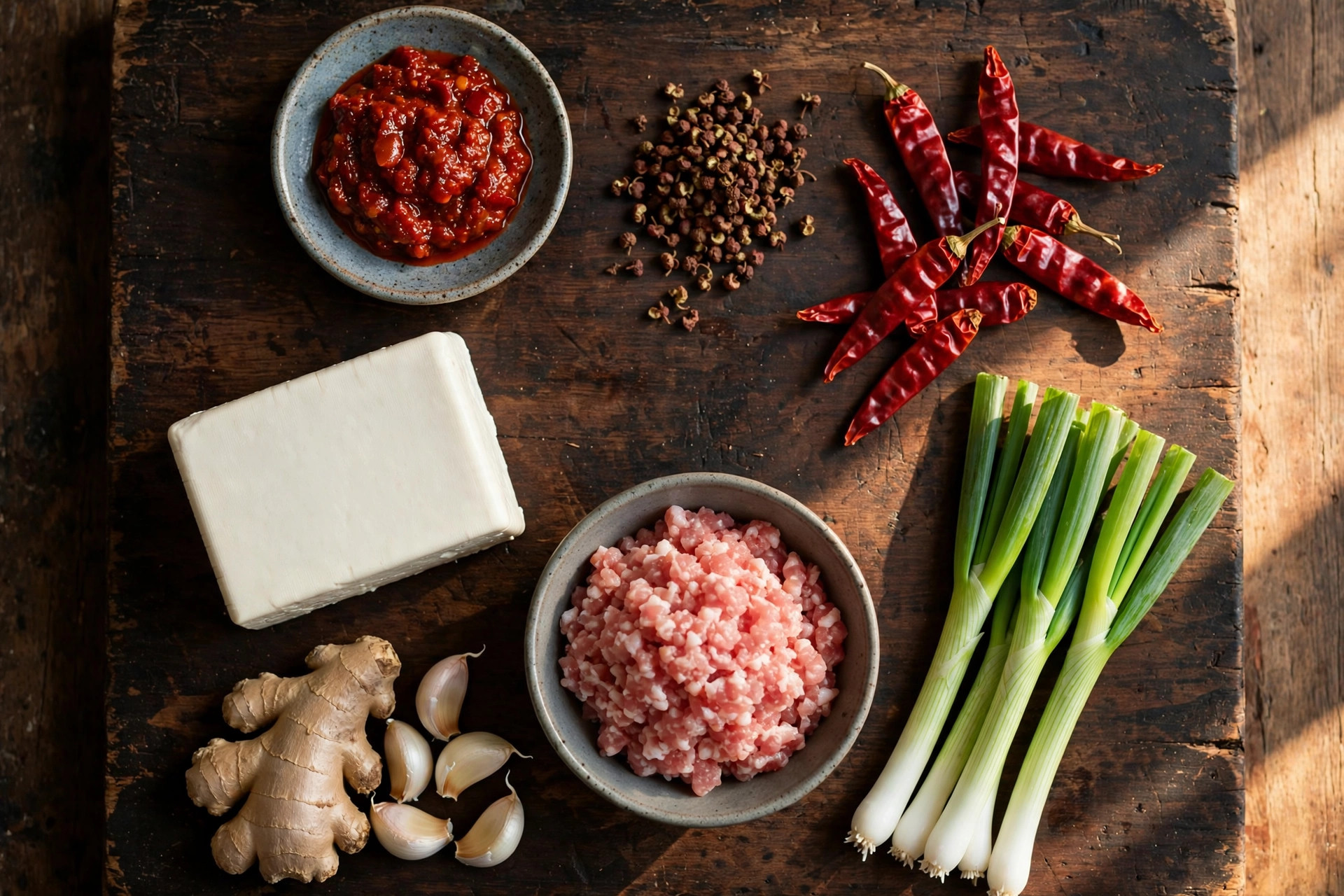 Doubanjiang chili bean paste, Sichuan peppercorns, dried chilies, tofu and pork laid out for mapo tofu