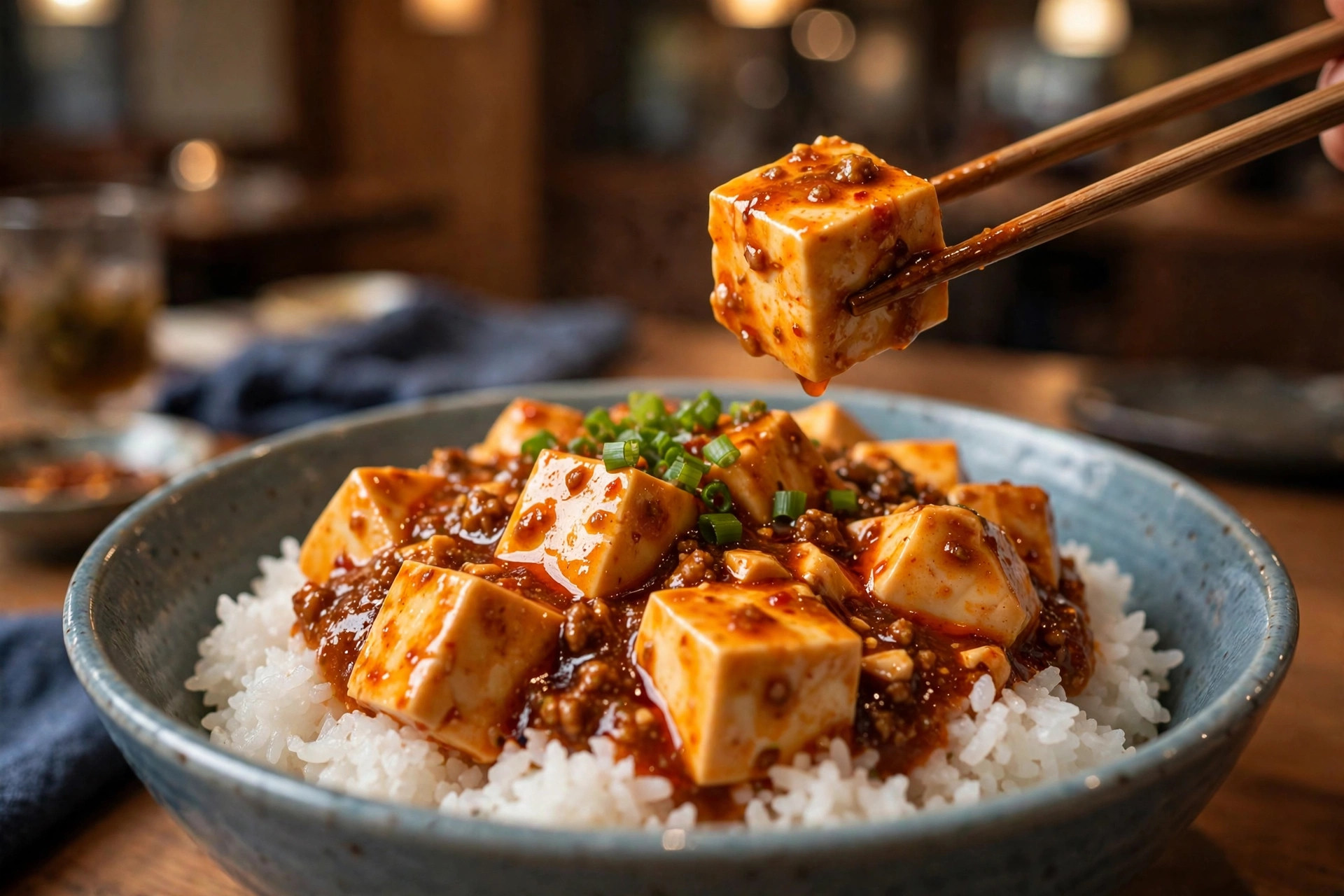 Bowl of mapo tofu served over steamed white rice with chopsticks