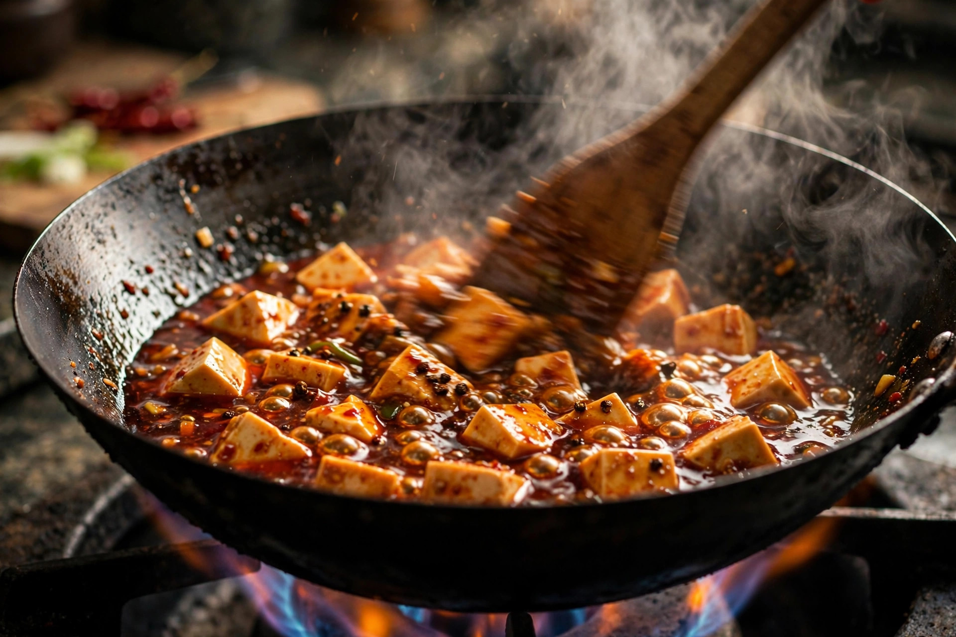 Mapo tofu simmering in a wok, tofu cubes in bubbling red chili sauce