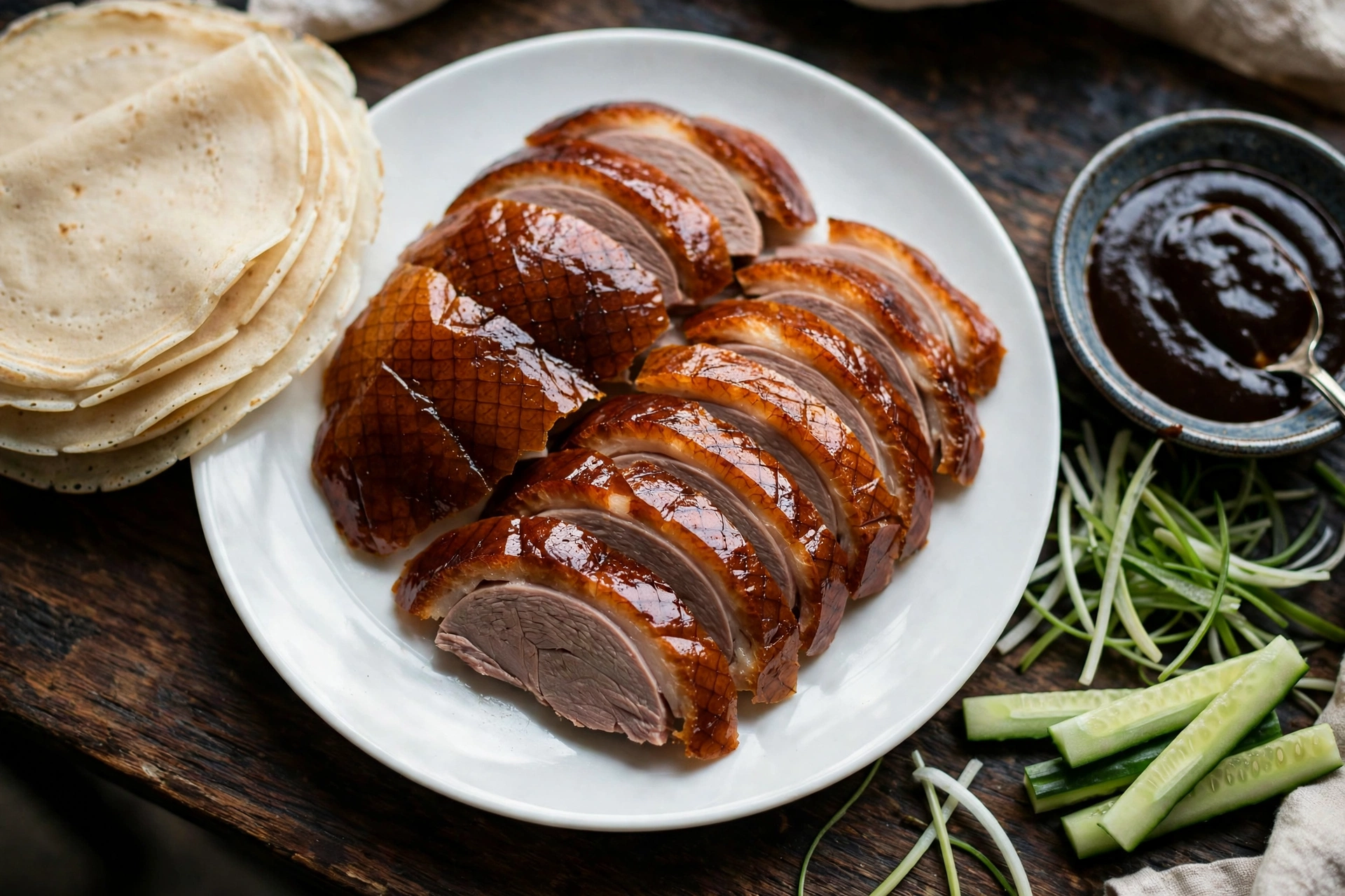 Sliced Peking duck with crisp lacquered skin served with thin pancakes, hoisin sauce and scallions