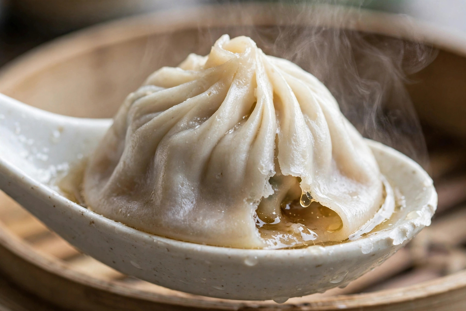 A soup dumpling on a Chinese spoon with a small hole poked in the wrapper, steam escaping