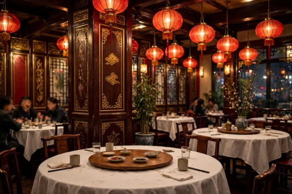 Chinese restaurant dining room glowing with red lanterns and gold-accented wood paneling