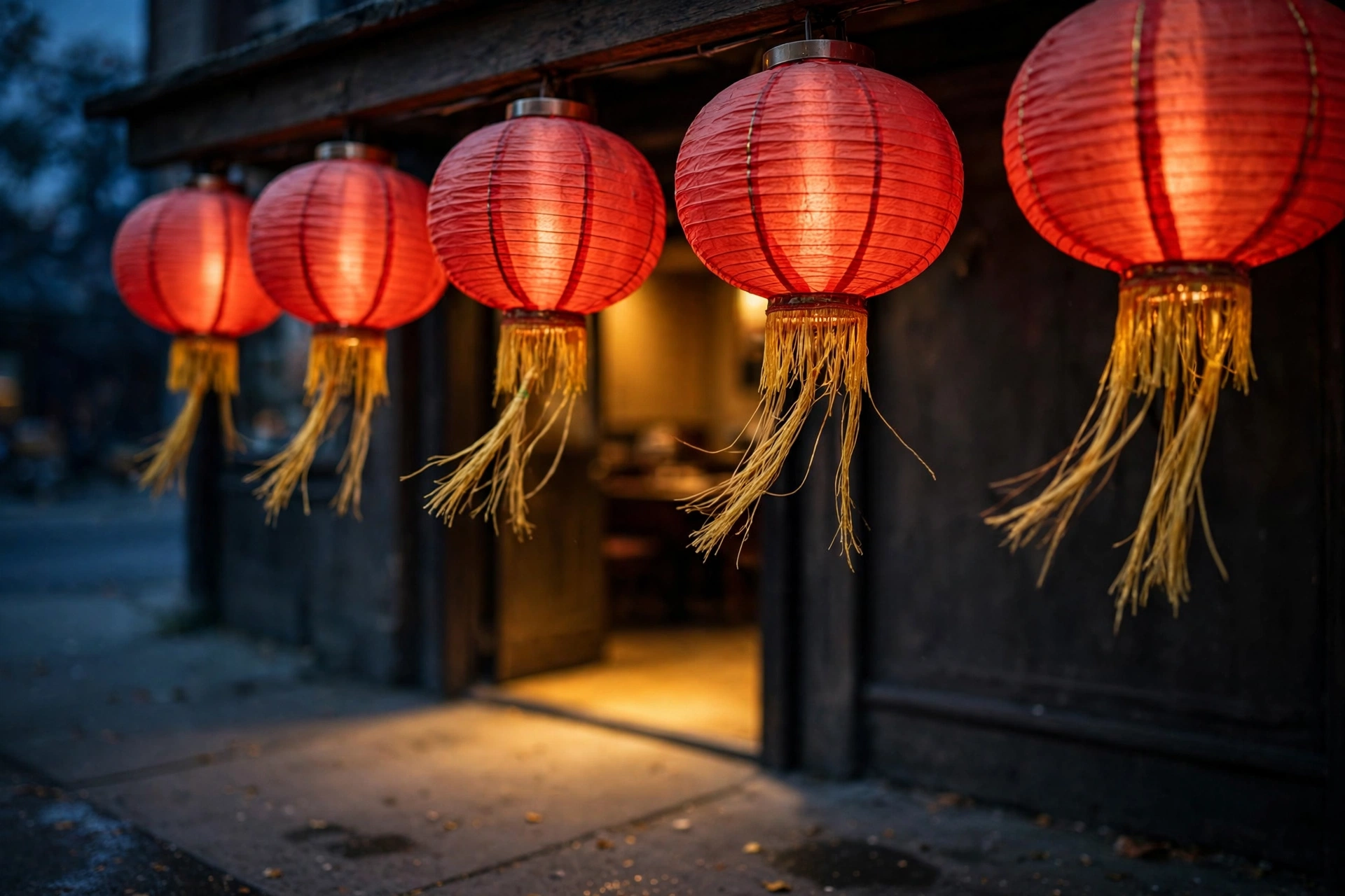 Glowing red paper lanterns with golden tassels hanging outside a Chinese restaurant entrance at dusk
