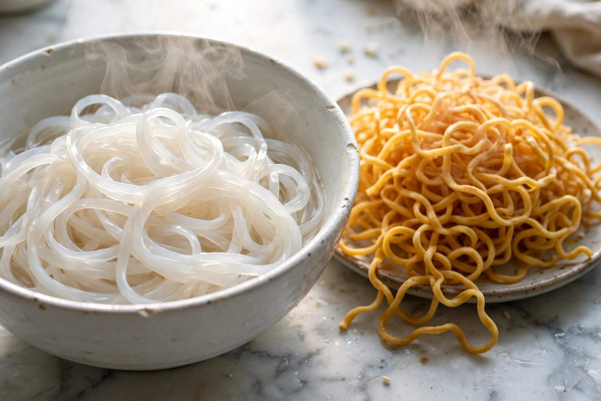 A bowl of translucent rice noodles next to golden egg noodles for comparison