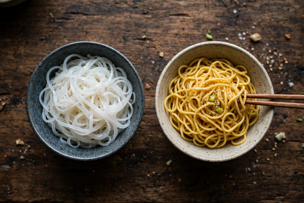 Two bowls side by side: translucent white rice noodles and golden egg noodles on a wooden table
