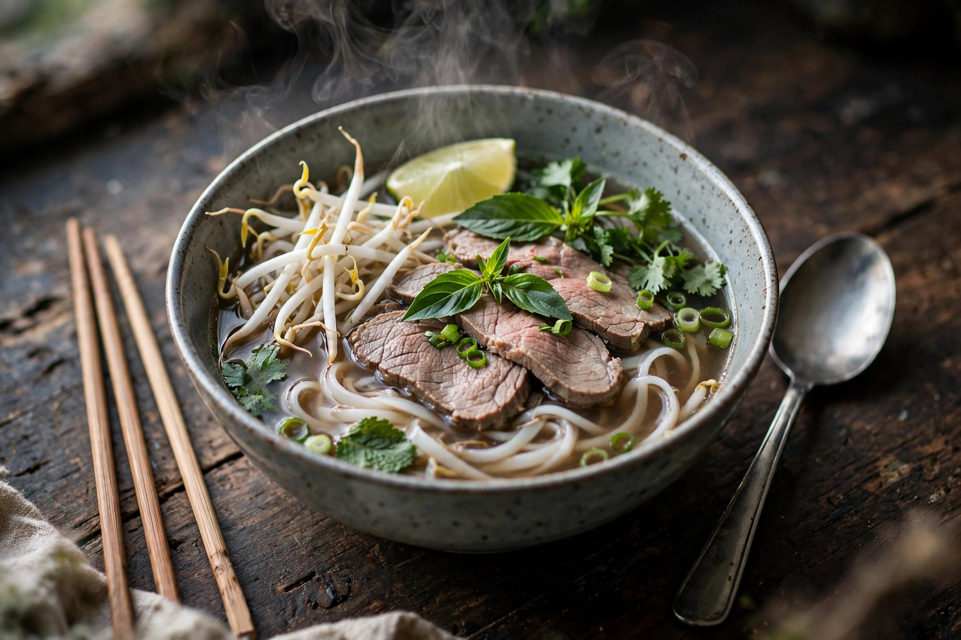 A steaming bowl of pho with thin rice noodles, herbs, and beef