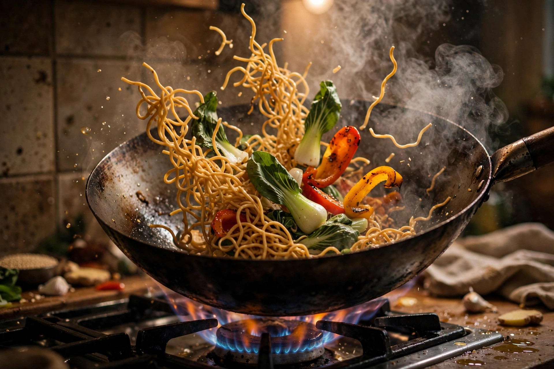 Egg noodles being tossed with vegetables in a hot wok