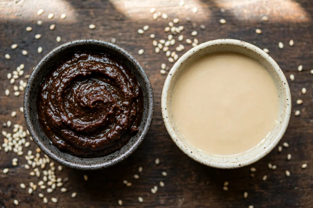 Two ceramic bowls side by side holding dark Chinese sesame paste and pale tahini with scattered sesame seeds