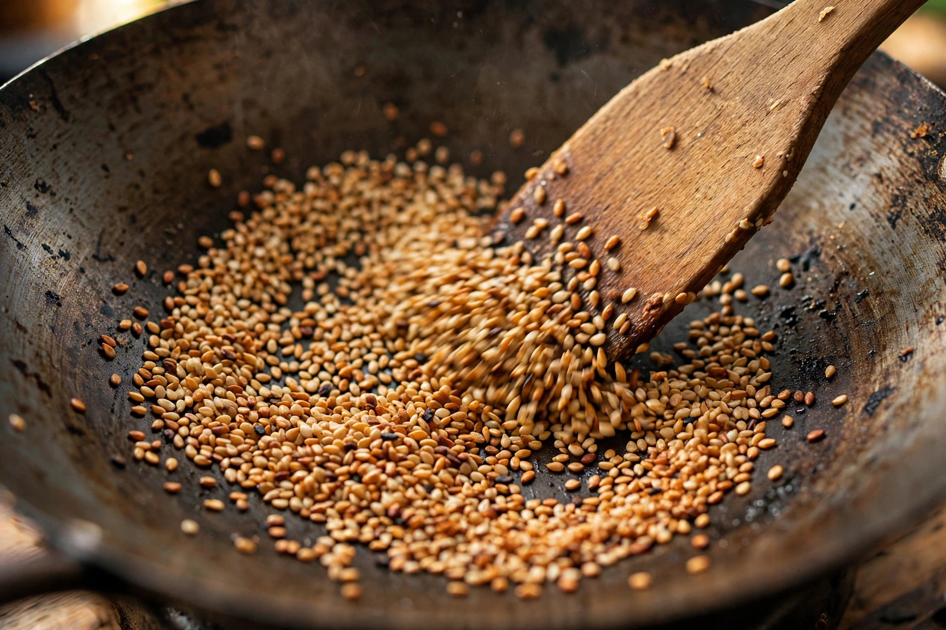 Sesame seeds toasting in a dry wok with a wooden spatula