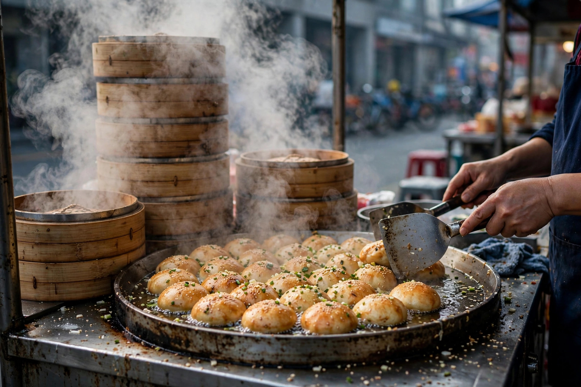 A busy Shanghai breakfast stall with bamboo steamers stacked beside a sizzling pan of shengjian bao
