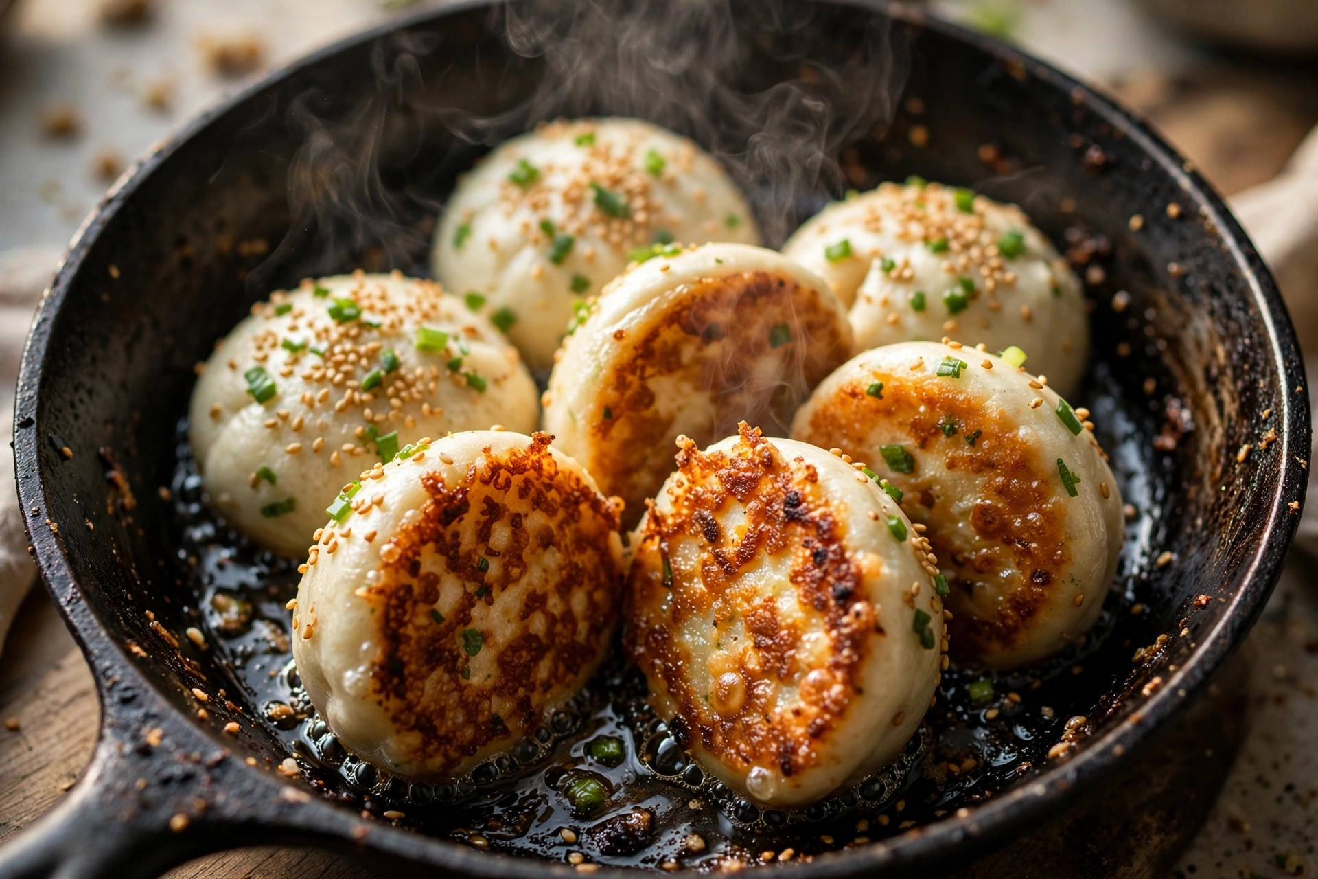 Shengjian bao frying in a cast iron pan with golden crispy bottoms, sesame seeds and scallions