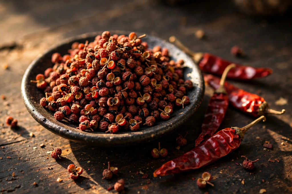 Dried red Sichuan peppercorns in a dark ceramic dish with dried chilies