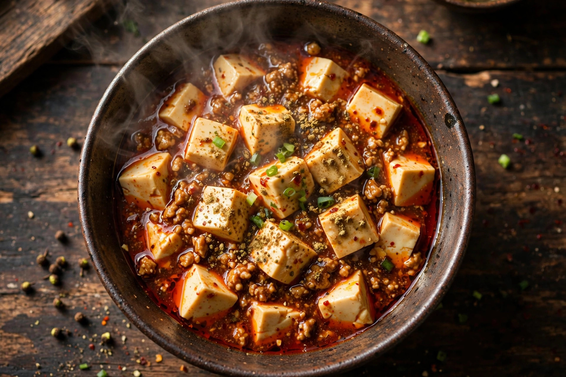Bowl of mapo tofu topped with ground Sichuan peppercorn
