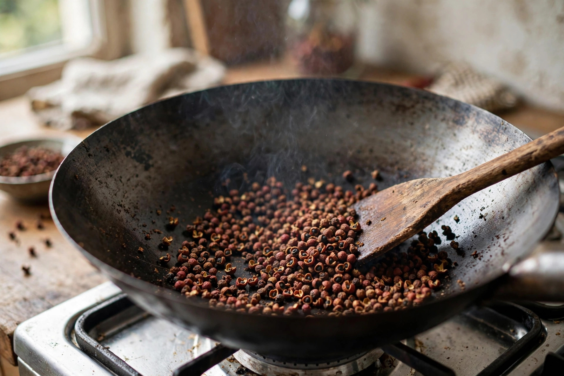 Sichuan peppercorns being toasted in a wok