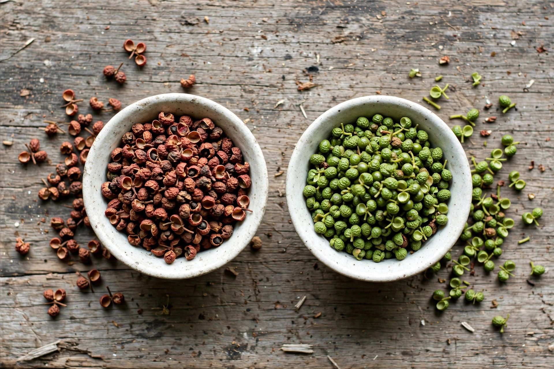 Red and green Sichuan peppercorns in separate bowls
