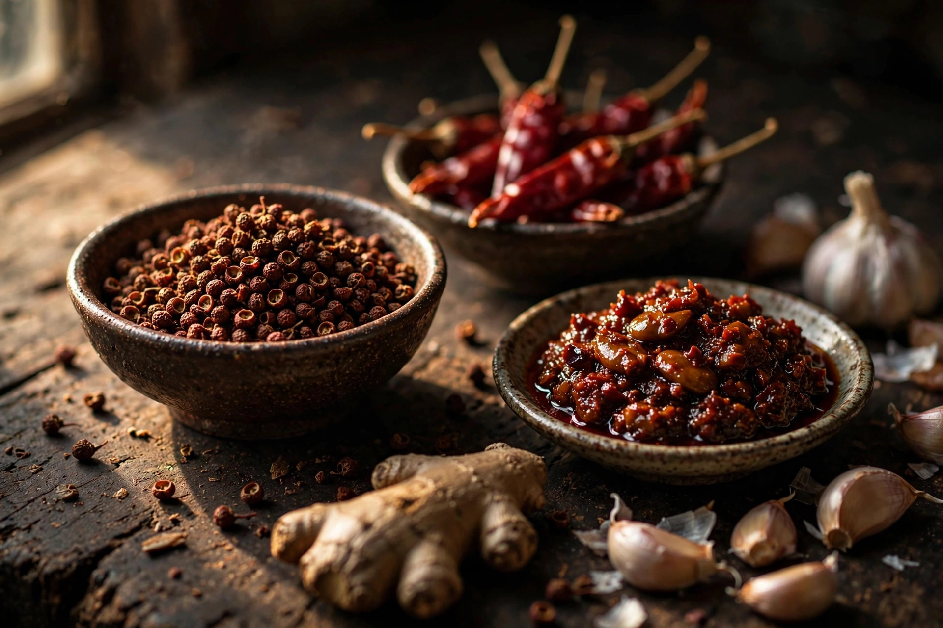 Sichuan peppercorns, dried chilies, doubanjiang, ginger and garlic