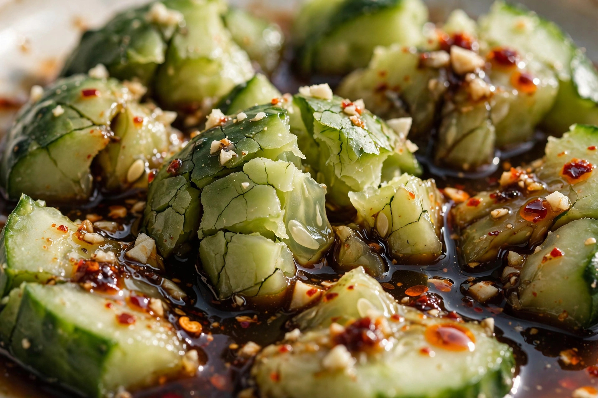 Close-up of smashed cucumber pieces showing craggy torn texture with glossy dressing pooled in the crevices