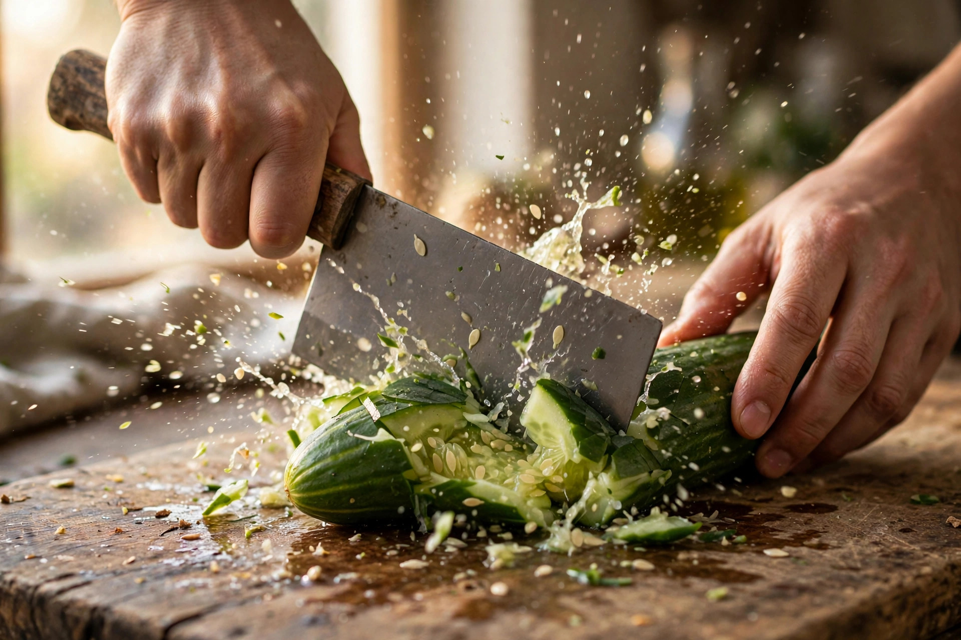 Hands smashing a cucumber with the flat side of a cleaver on a wooden cutting board