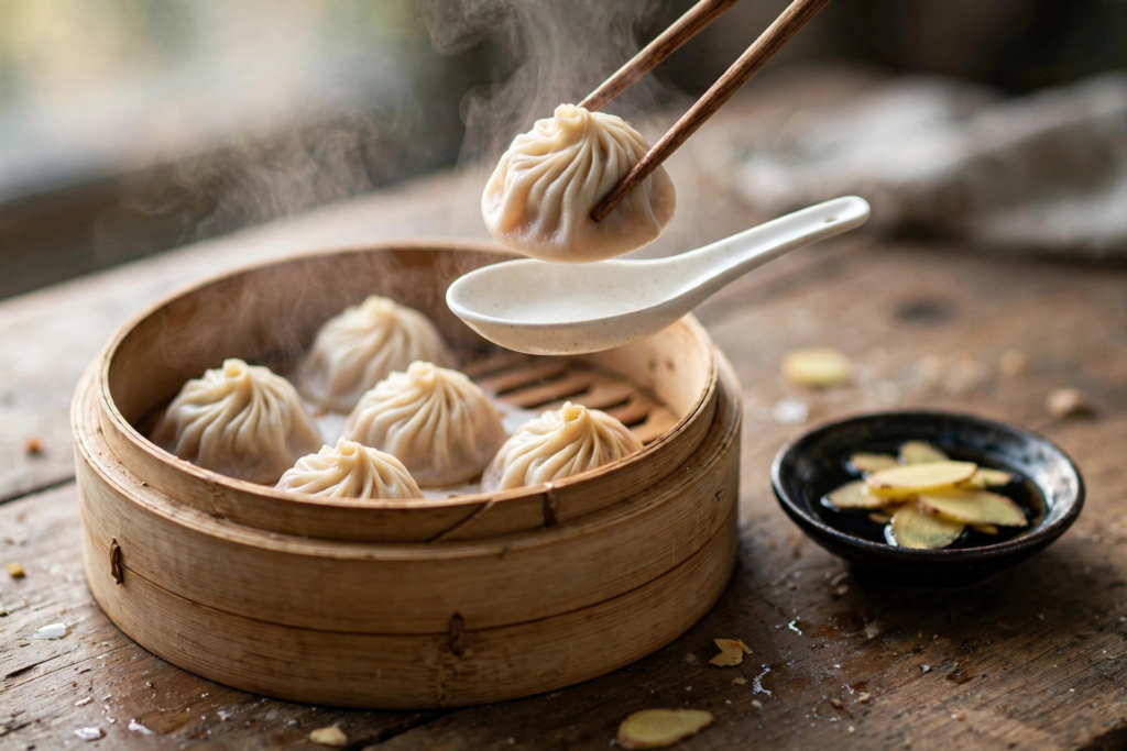 Bamboo steamer of xiaolongbao soup dumplings with chopsticks lifting one over a Chinese soup spoon