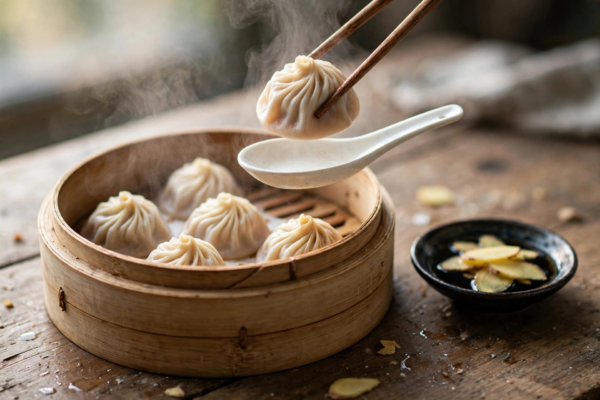 Bamboo steamer of xiaolongbao soup dumplings with chopsticks lifting one over a Chinese soup spoon