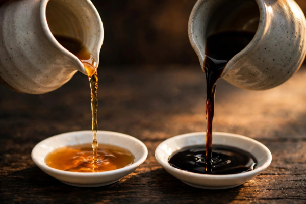 Light amber soy sauce and thick dark soy sauce being poured side by side
