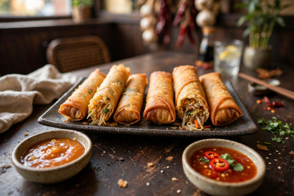 A platter of golden fried spring rolls and egg rolls with dipping sauces