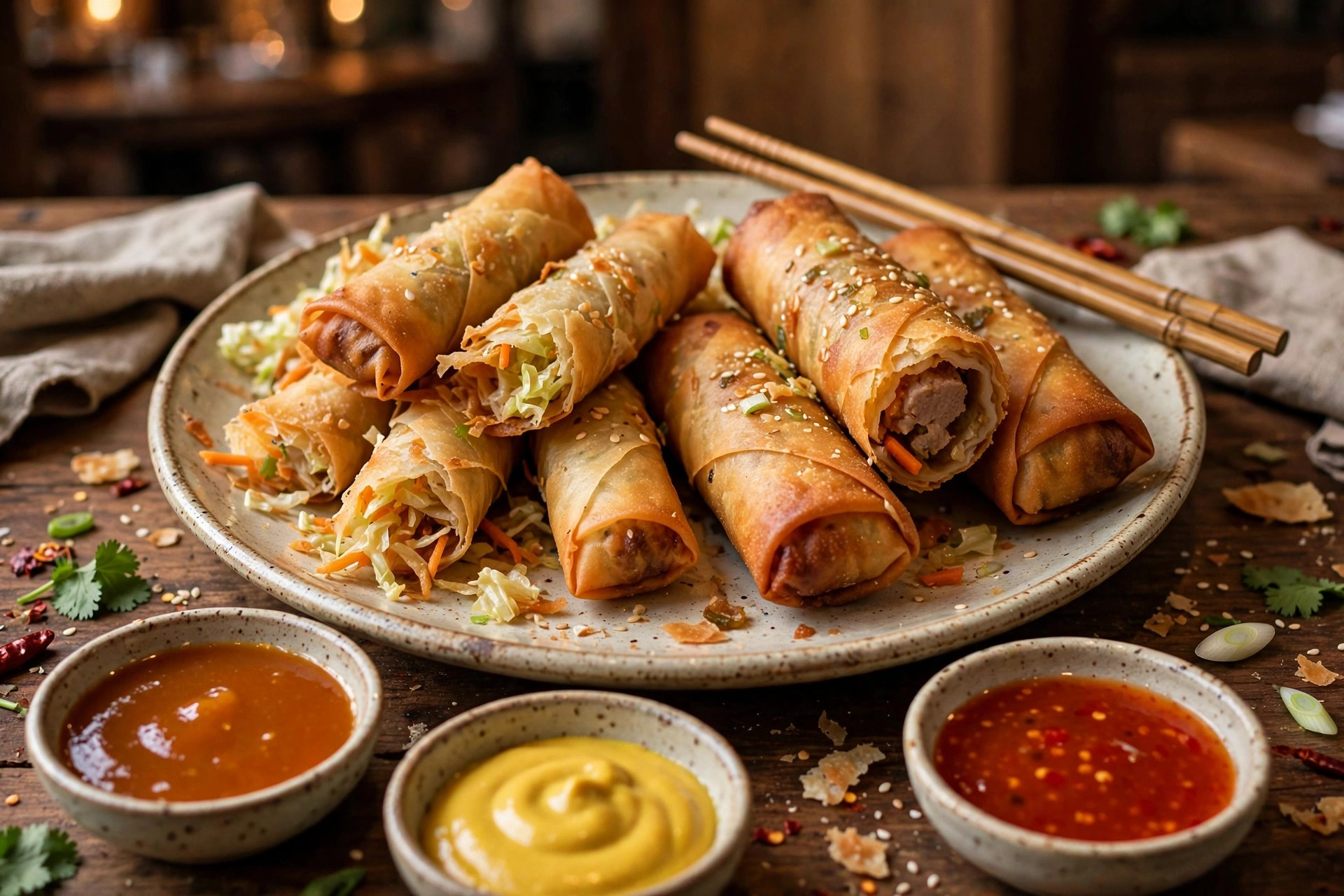 A plate with both egg rolls and spring rolls served with duck sauce and sweet chili dip