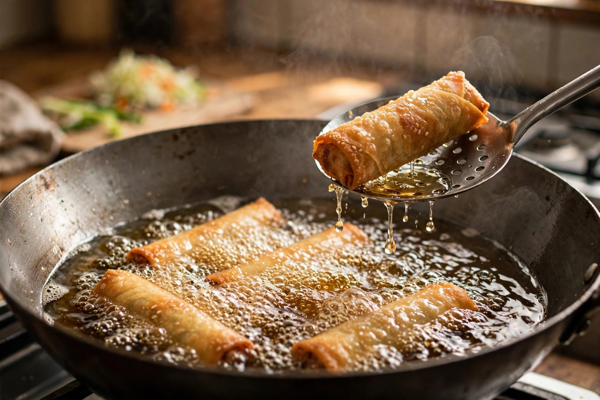 Spring rolls frying in a wok with golden oil