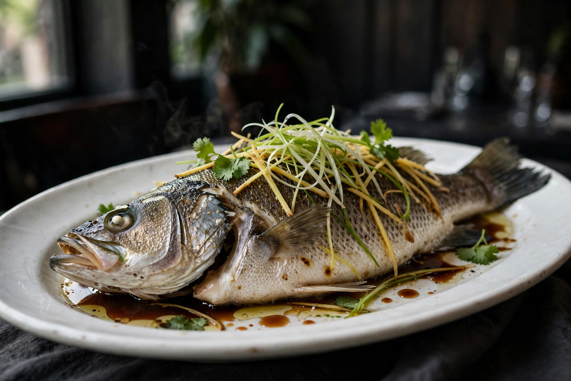 Whole steamed sea bass with ginger and scallions, glistening with hot oil, Cantonese style