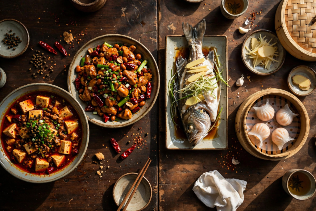 Overhead Chinese feast split between fiery Sichuan dishes and delicate Cantonese dishes