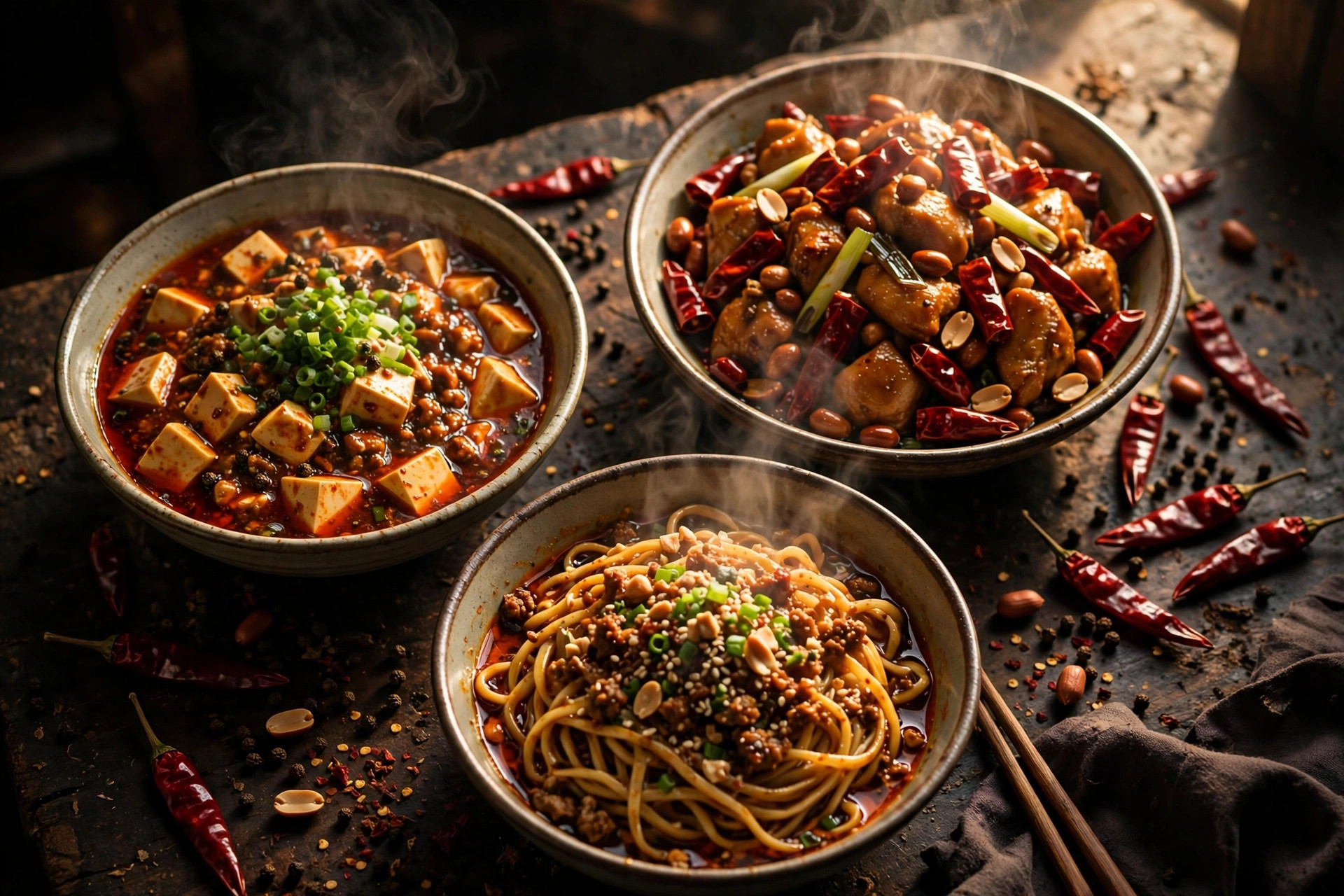 Sichuan feast: mapo tofu, kung pao chicken, dan dan noodles with dried chilies