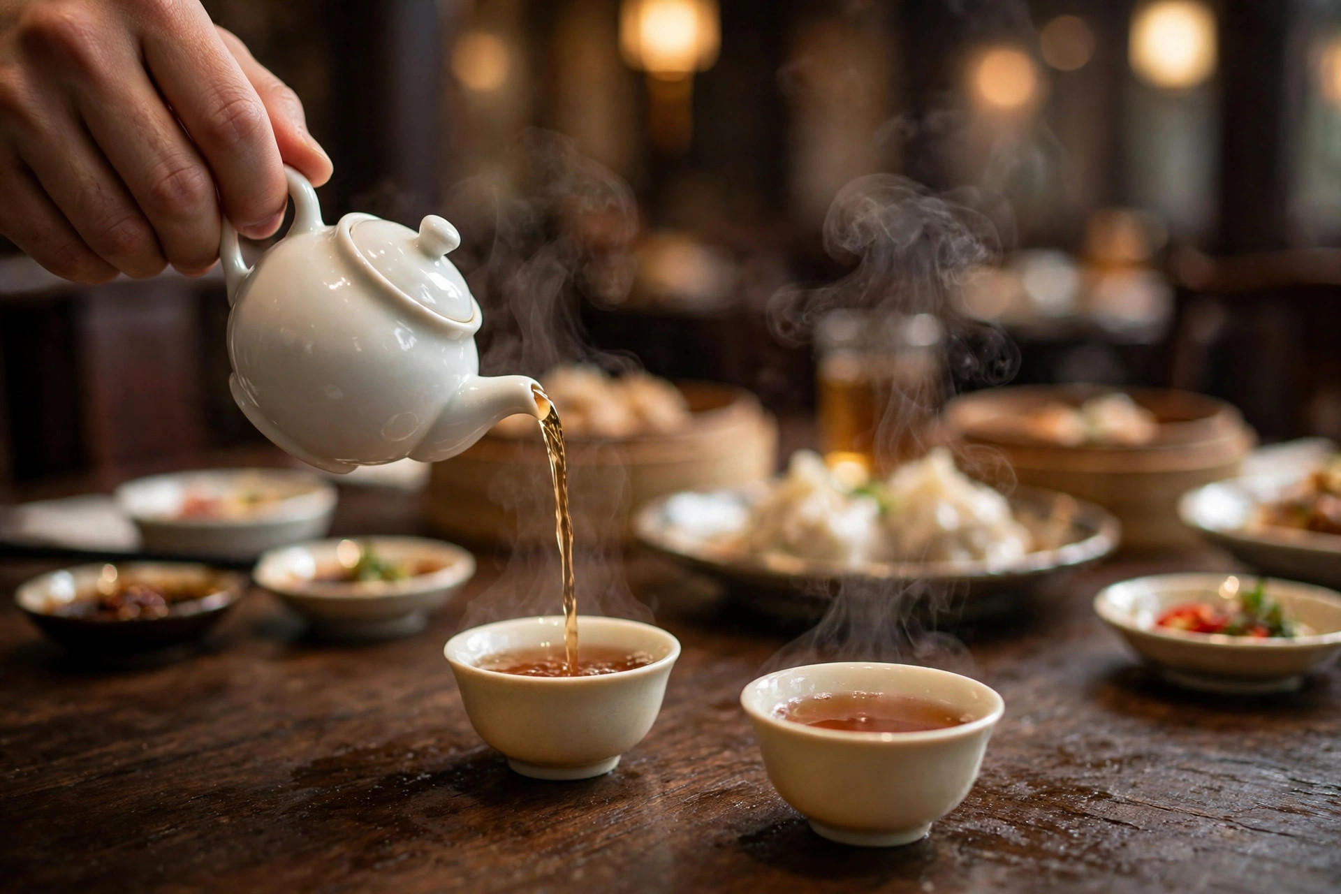 A hand pouring tea from a small teapot into tiny cups at a Chinese restaurant table