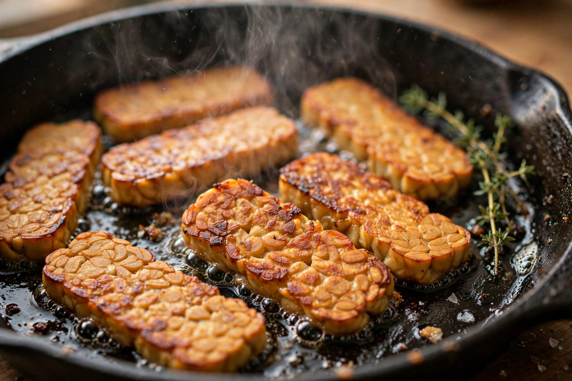 Golden pan-fried tempeh slices sizzling in a cast iron skillet