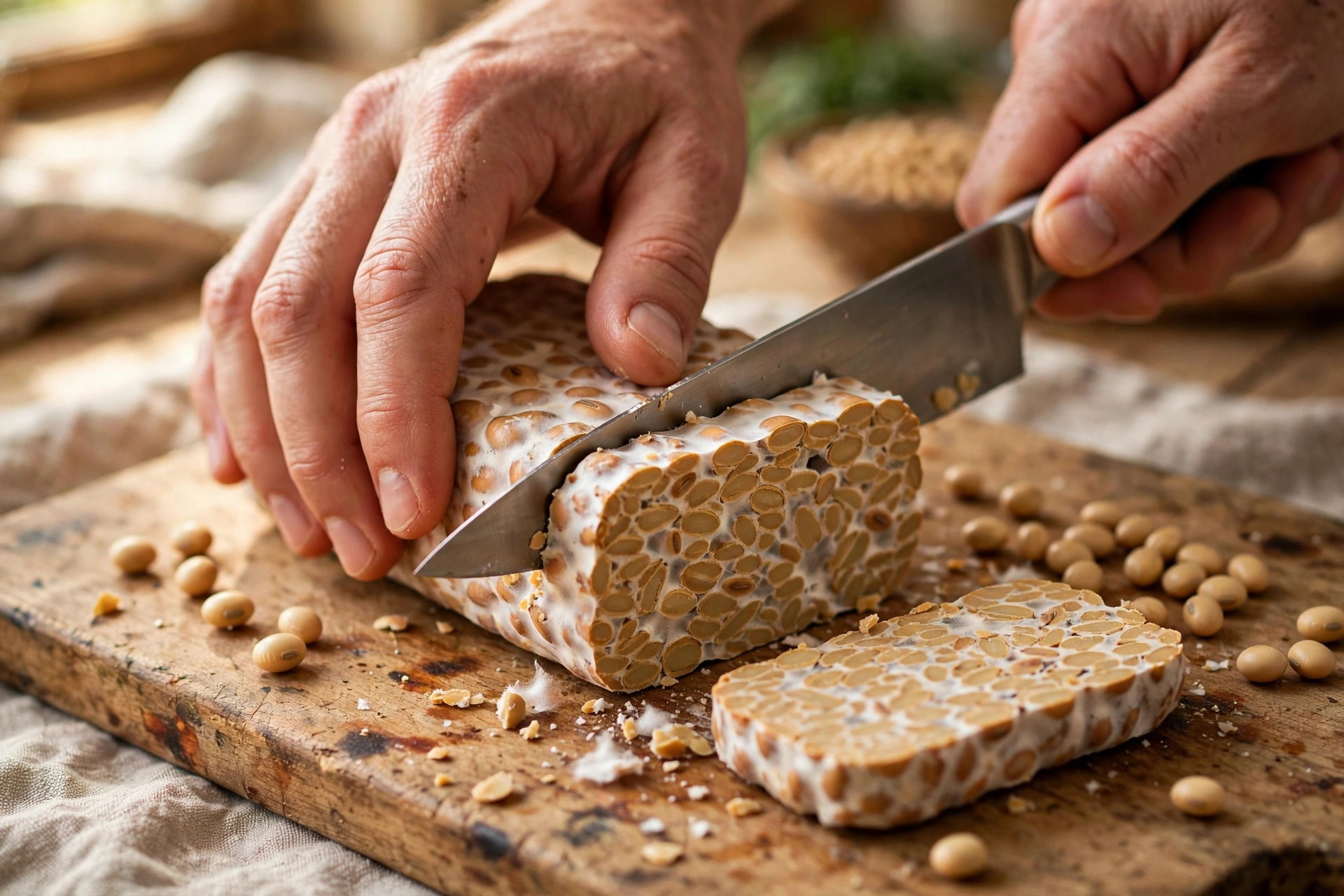 Hands slicing a block of tempeh showing fermented soybeans bound together