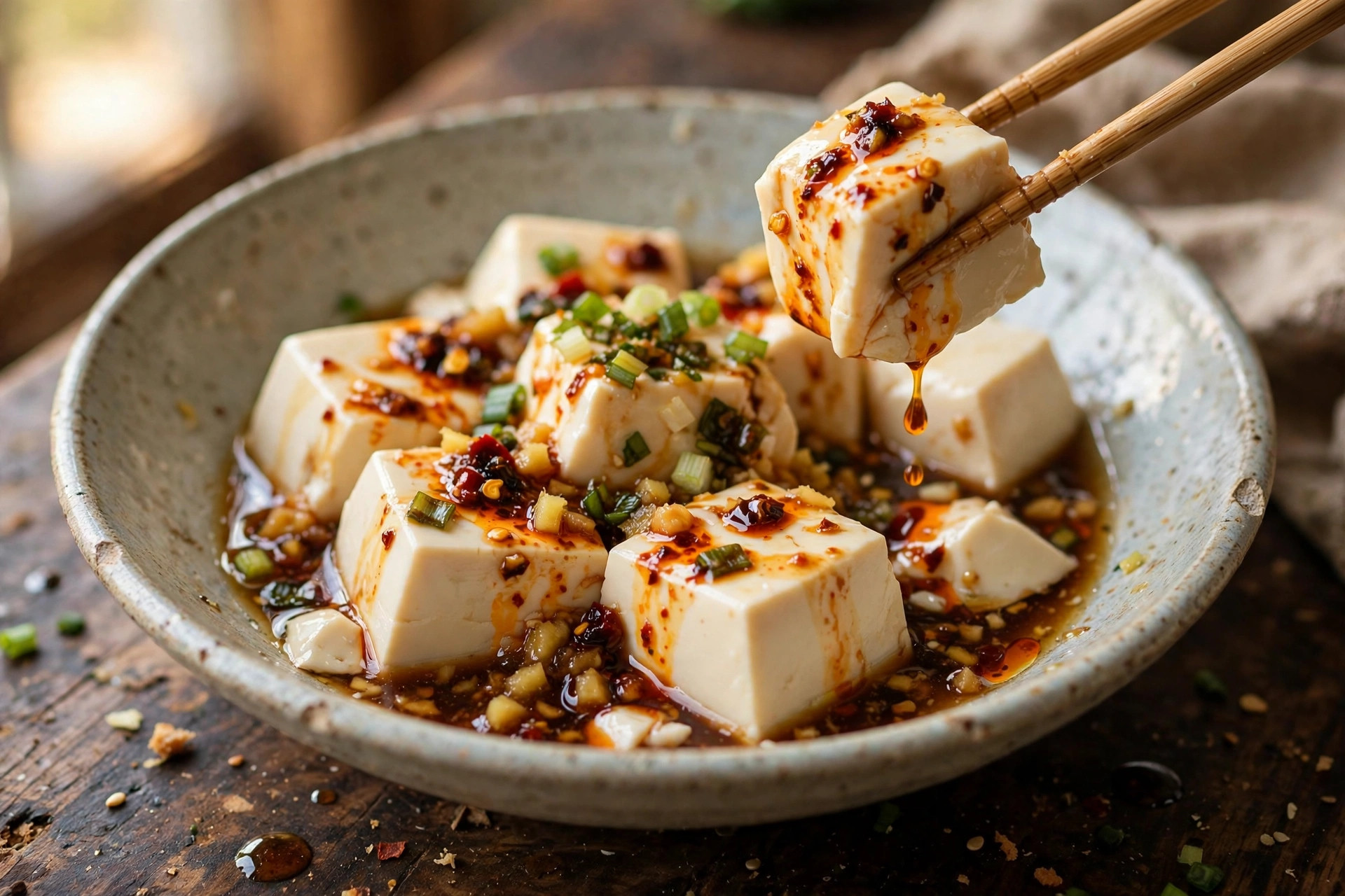 Silken tofu cubes in a bowl with ginger soy dressing and scallions