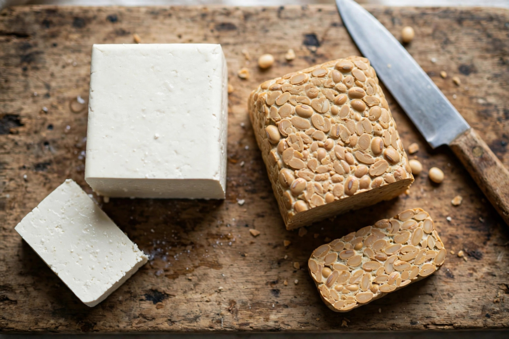 Block of firm tofu and block of tempeh side by side on a wooden cutting board