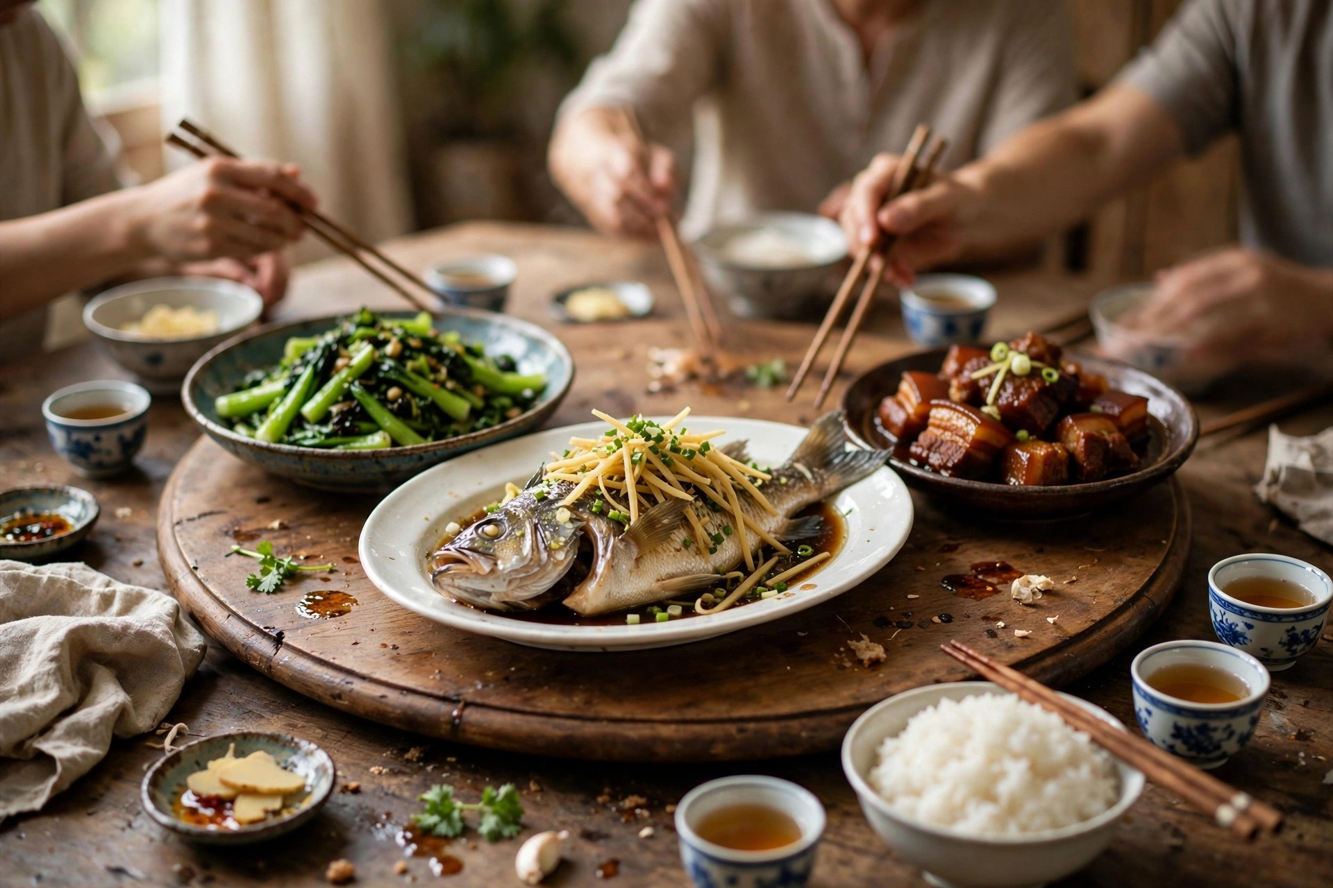 Traditional Chinese family dinner with whole steamed fish, stir-fried greens, and shared dishes on a round table