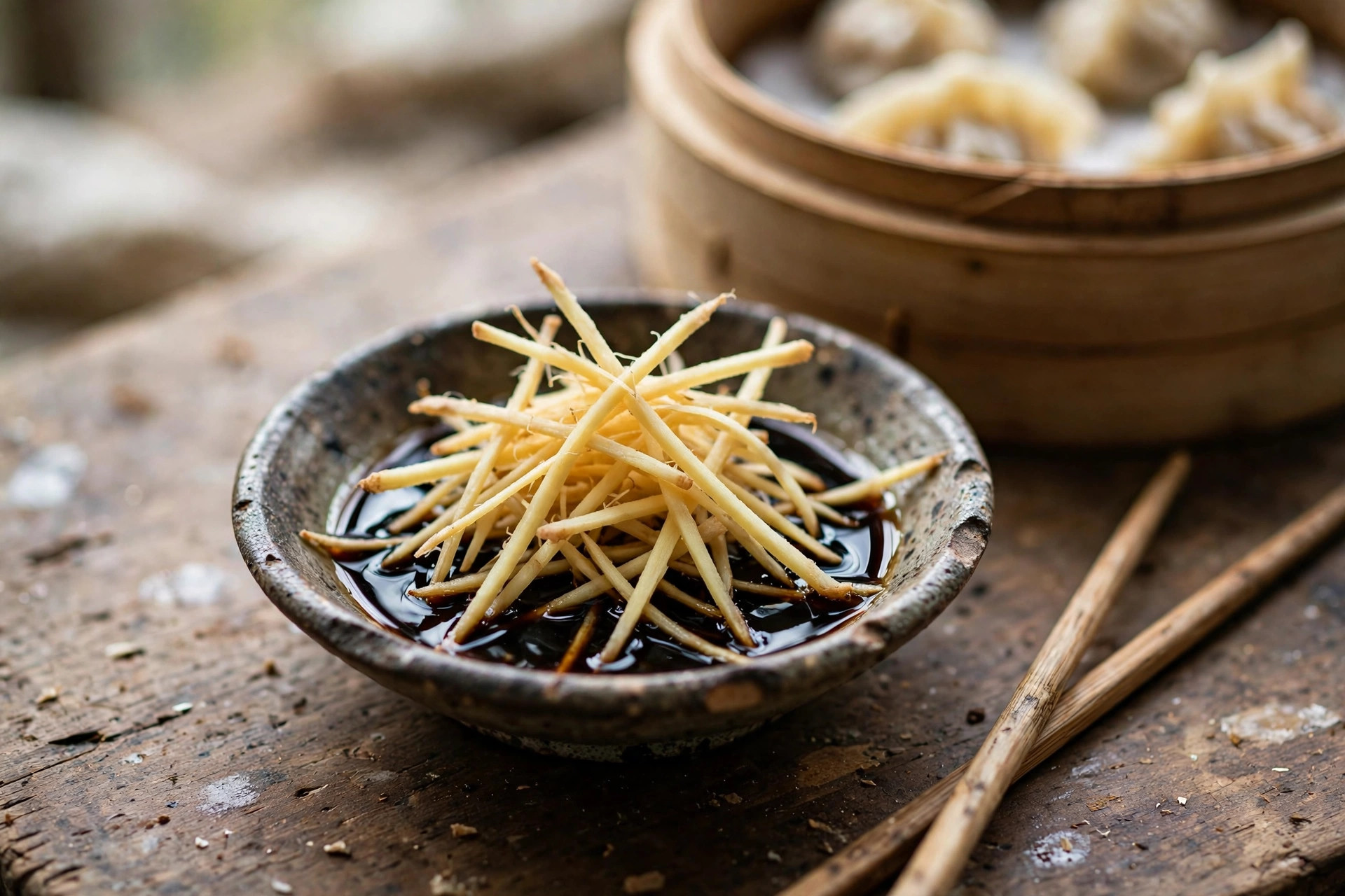 A small ceramic dish of black vinegar with julienned fresh ginger