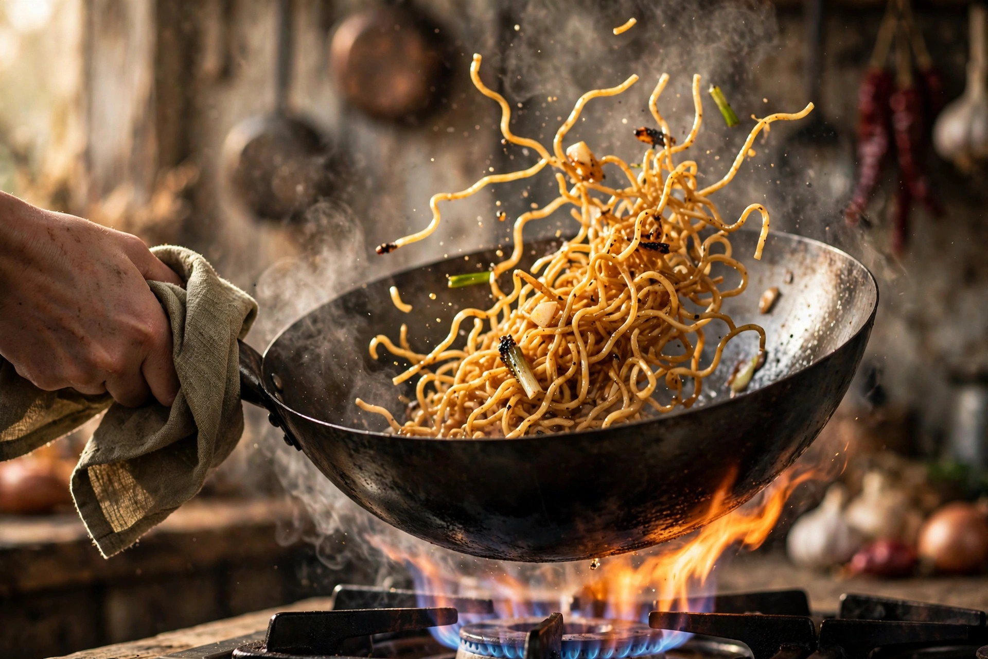 Noodles being tossed in a seasoned wok over a gas flame with steam rising