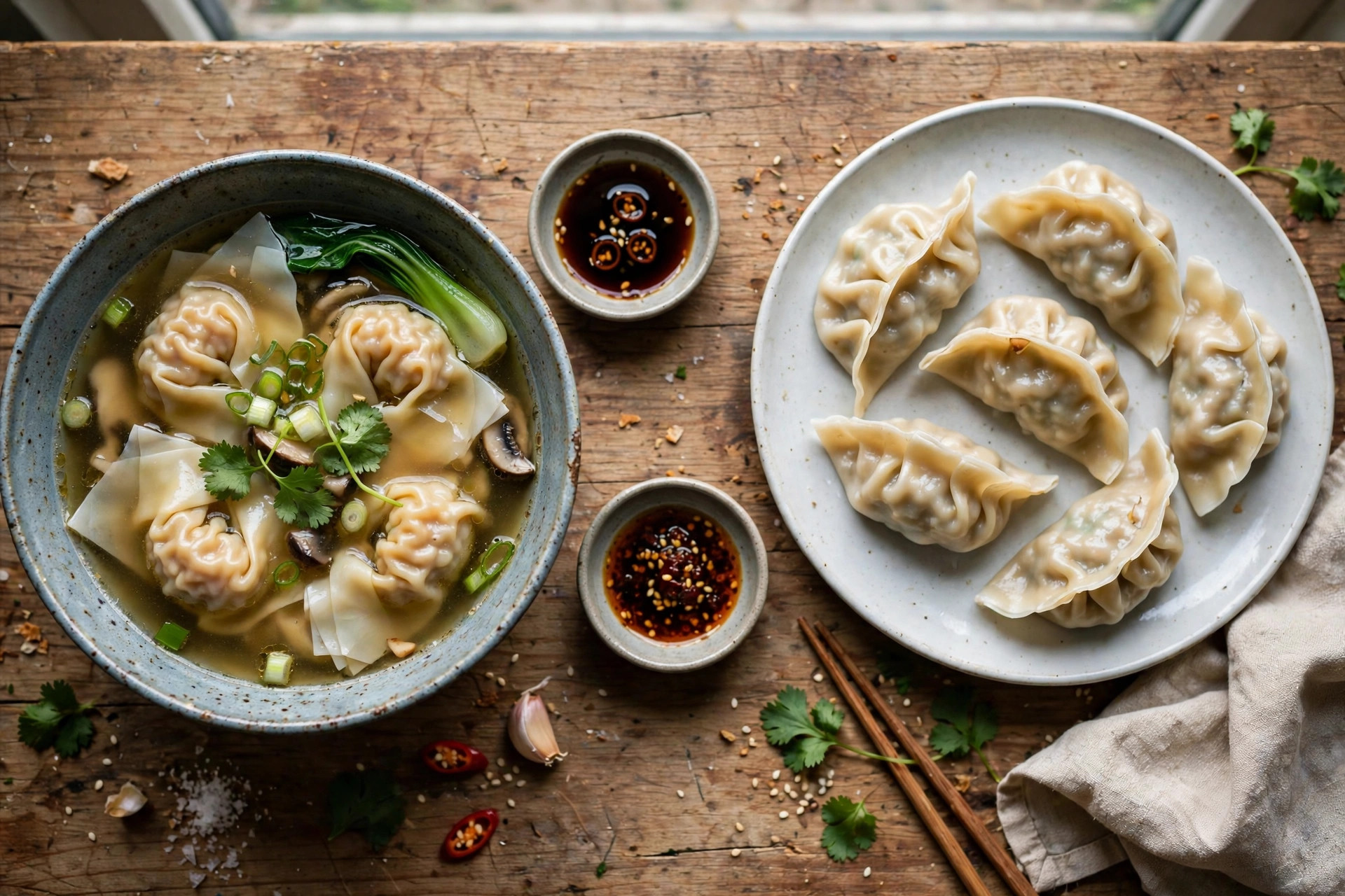 Wonton soup beside a plate of steamed dumplings